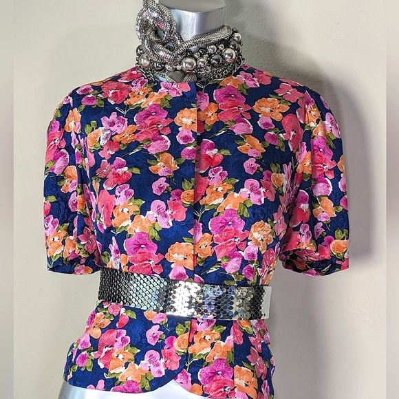 100% Silk Vibrant Bold Floral Print "Papell" Cropped Blouse Blazer - Picture 15 of 15